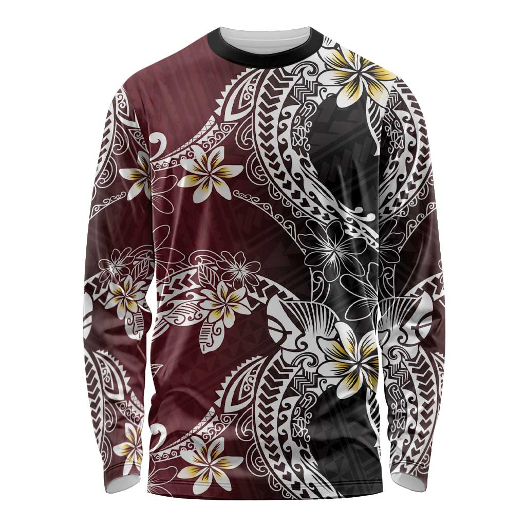 Polynesian Hawaiian Plumeria Tribal Pattern Long Sleeve Shirt Special Wine Red Version LT01 Unisex Red - Polynesian Pride