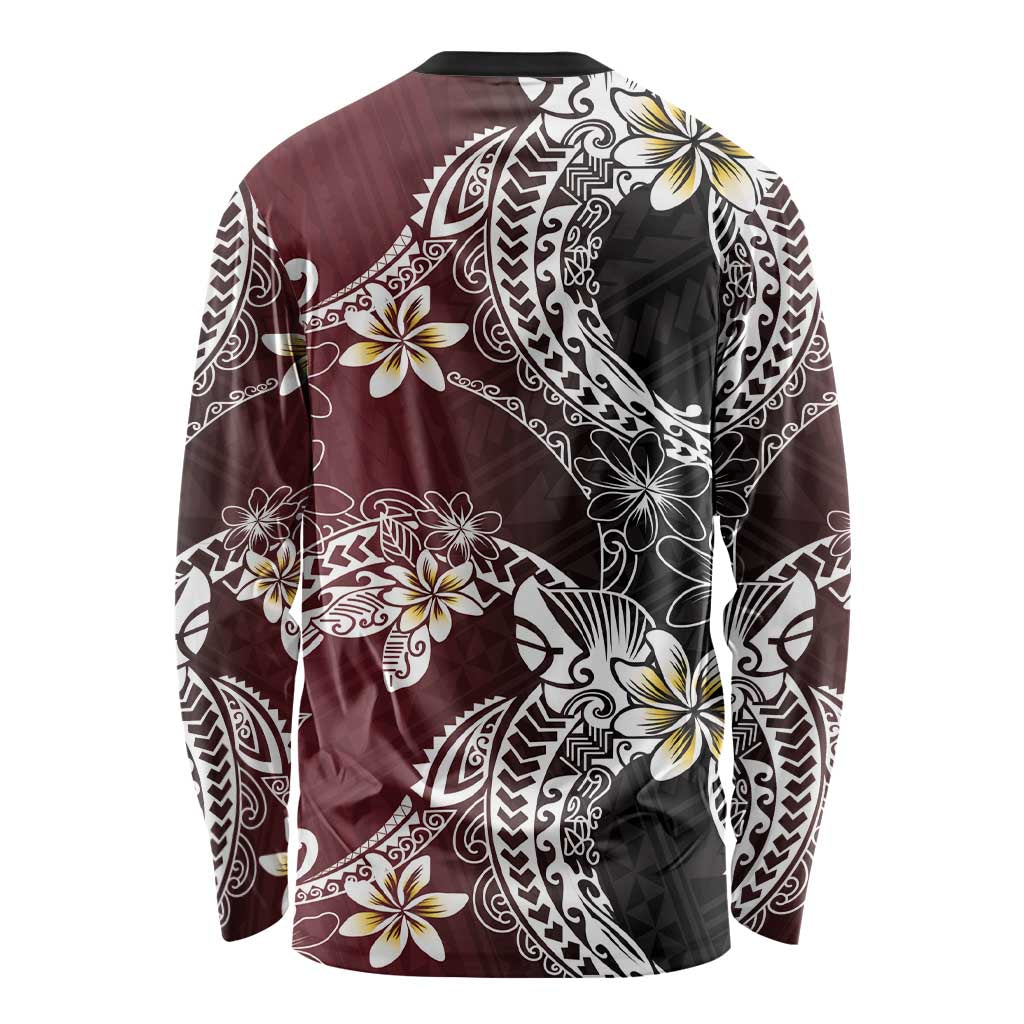 Polynesian Hawaiian Plumeria Tribal Pattern Long Sleeve Shirt Special Wine Red Version LT01 - Polynesian Pride