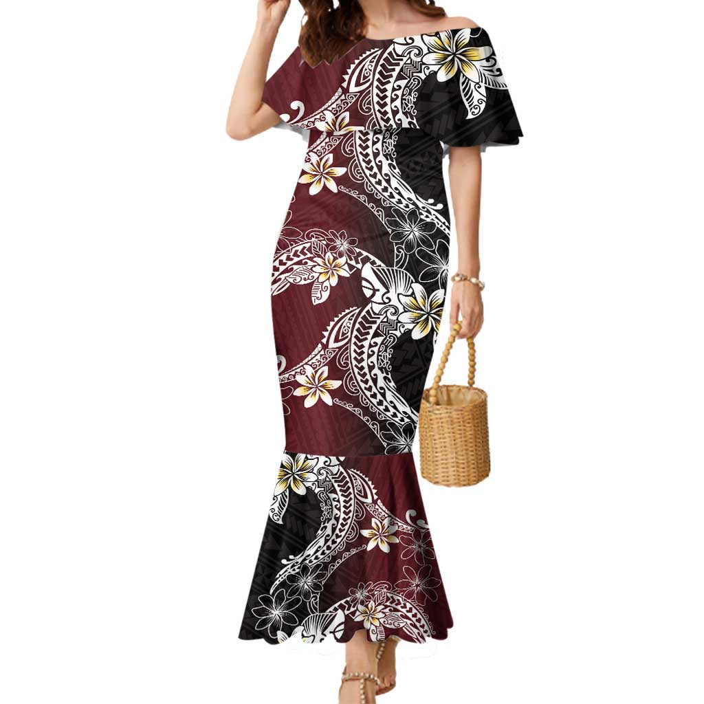 Polynesian Hawaiian Plumeria Tribal Pattern Mermaid Dress Special Wine Red Version LT01 Women Red - Polynesian Pride