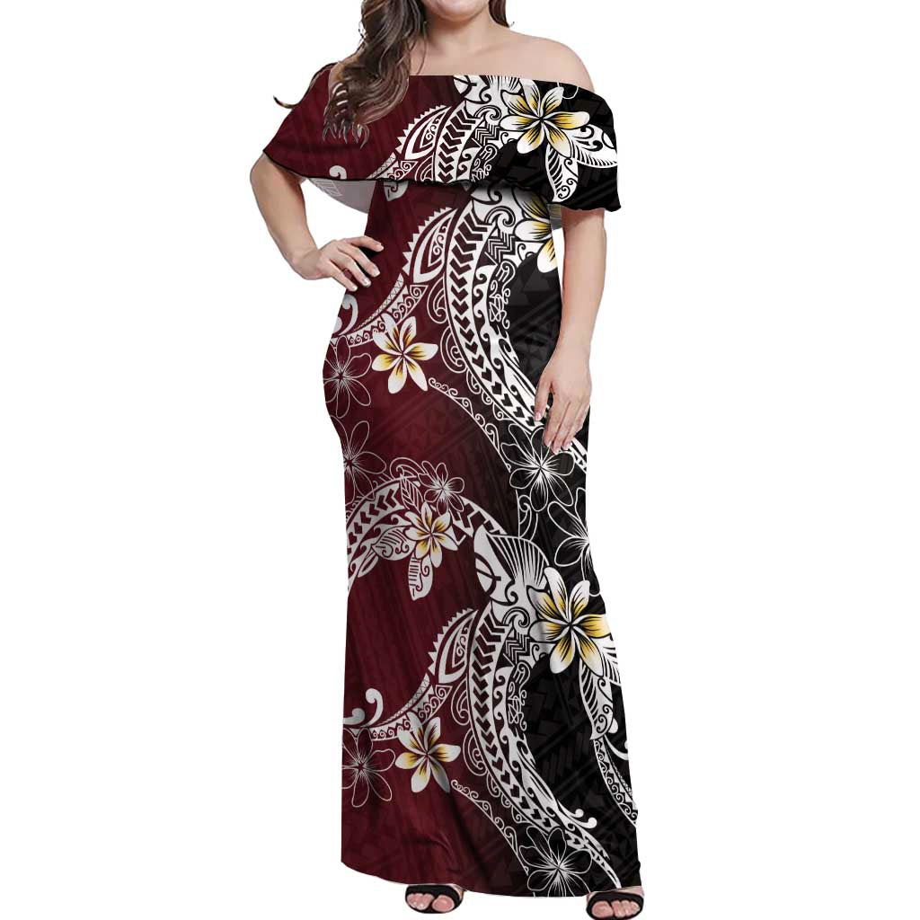 Polynesian Hawaiian Plumeria Tribal Pattern Off Shoulder Maxi Dress Special Wine Red Version