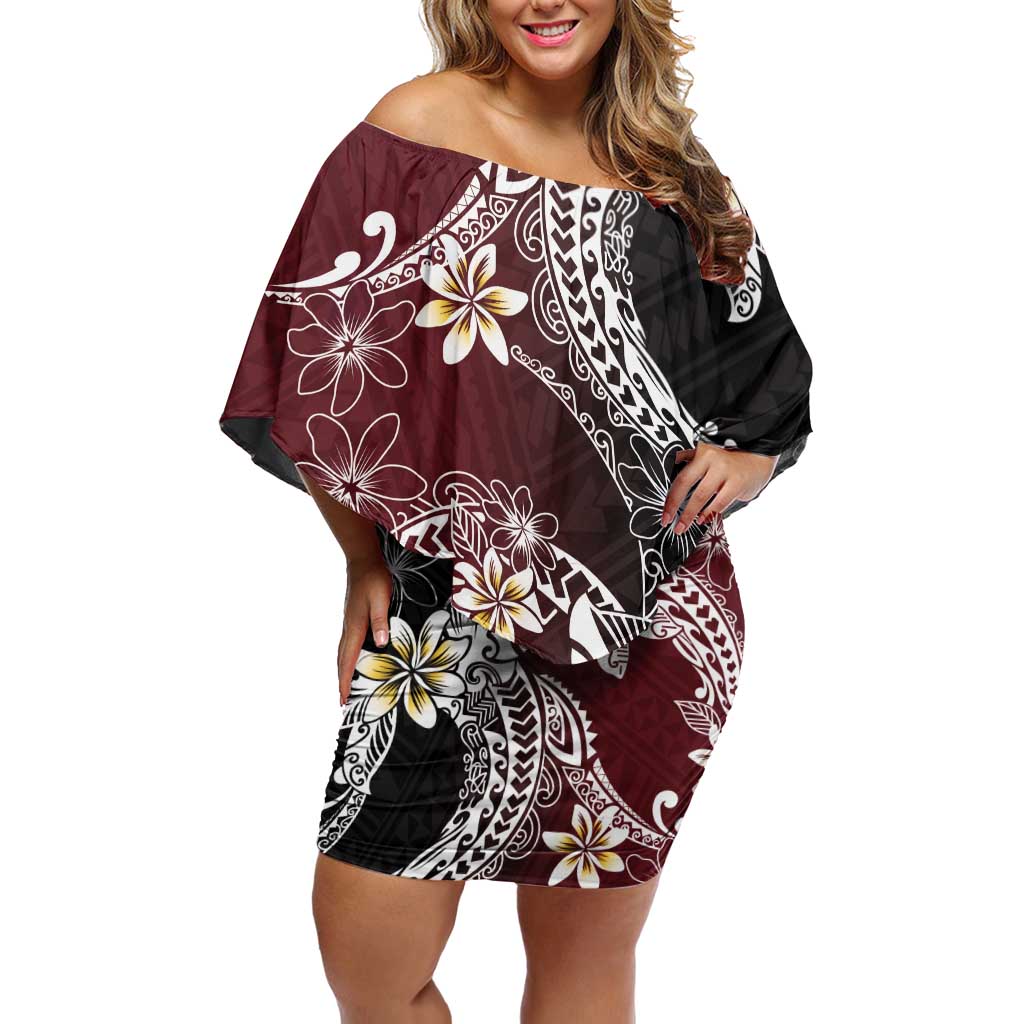 Polynesian Hawaiian Plumeria Tribal Pattern Off Shoulder Short Dress Special Wine Red Version