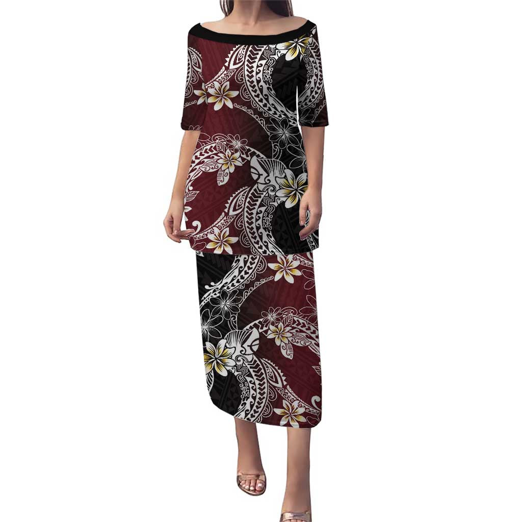 Polynesian Hawaiian Plumeria Tribal Pattern Puletasi Special Wine Red Version LT01 Long Dress Red - Polynesian Pride