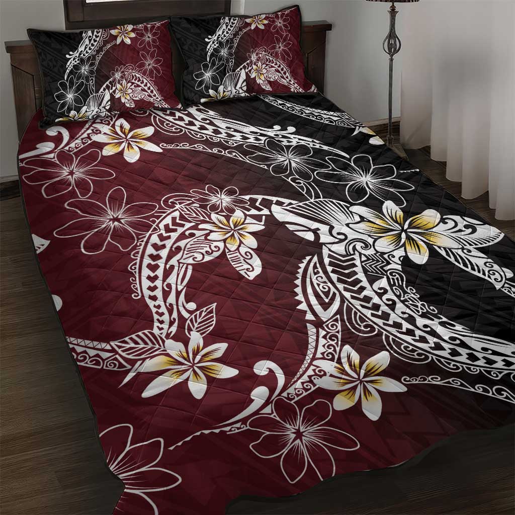 Polynesian Hawaiian Plumeria Tribal Pattern Quilt Bed Set Special Wine Red Version