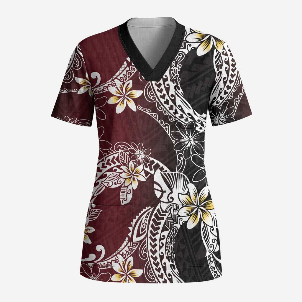 Polynesian Hawaiian Plumeria Tribal Pattern Scrub Top Special Wine Red Version LT01 Adult Red - Polynesian Pride
