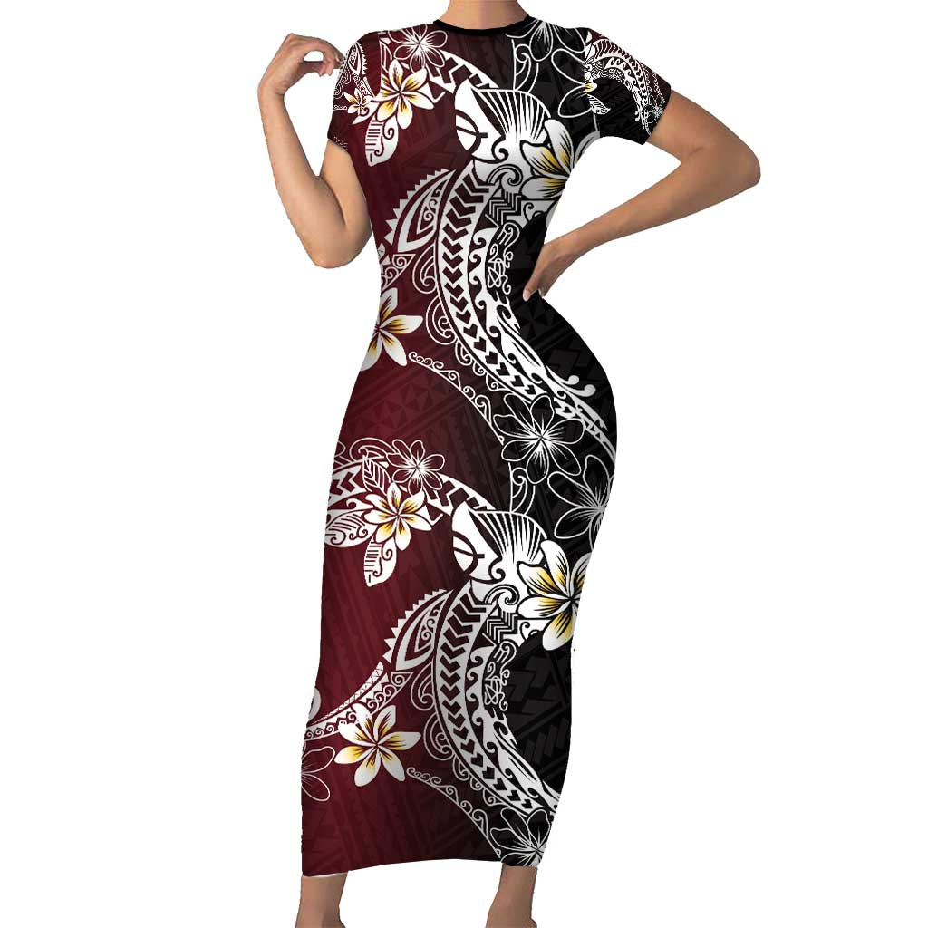 Polynesian Hawaiian Plumeria Tribal Pattern Short Sleeve Bodycon Dress Special Wine Red Version