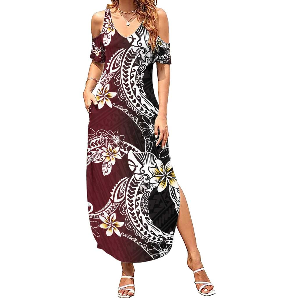 Polynesian Hawaiian Plumeria Tribal Pattern Summer Maxi Dress Special Wine Red Version LT01 Women Red - Polynesian Pride