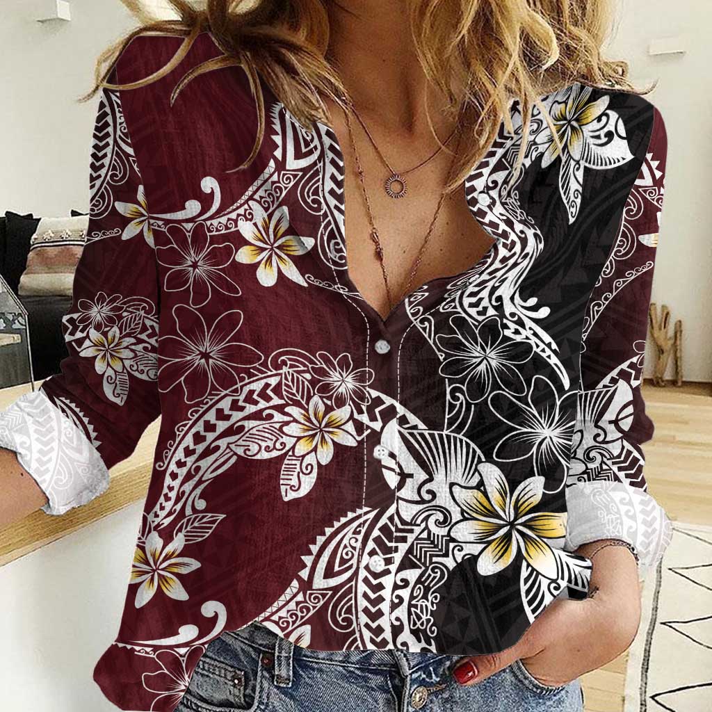 Polynesian Hawaiian Plumeria Tribal Pattern Women Casual Shirt Special Wine Red Version