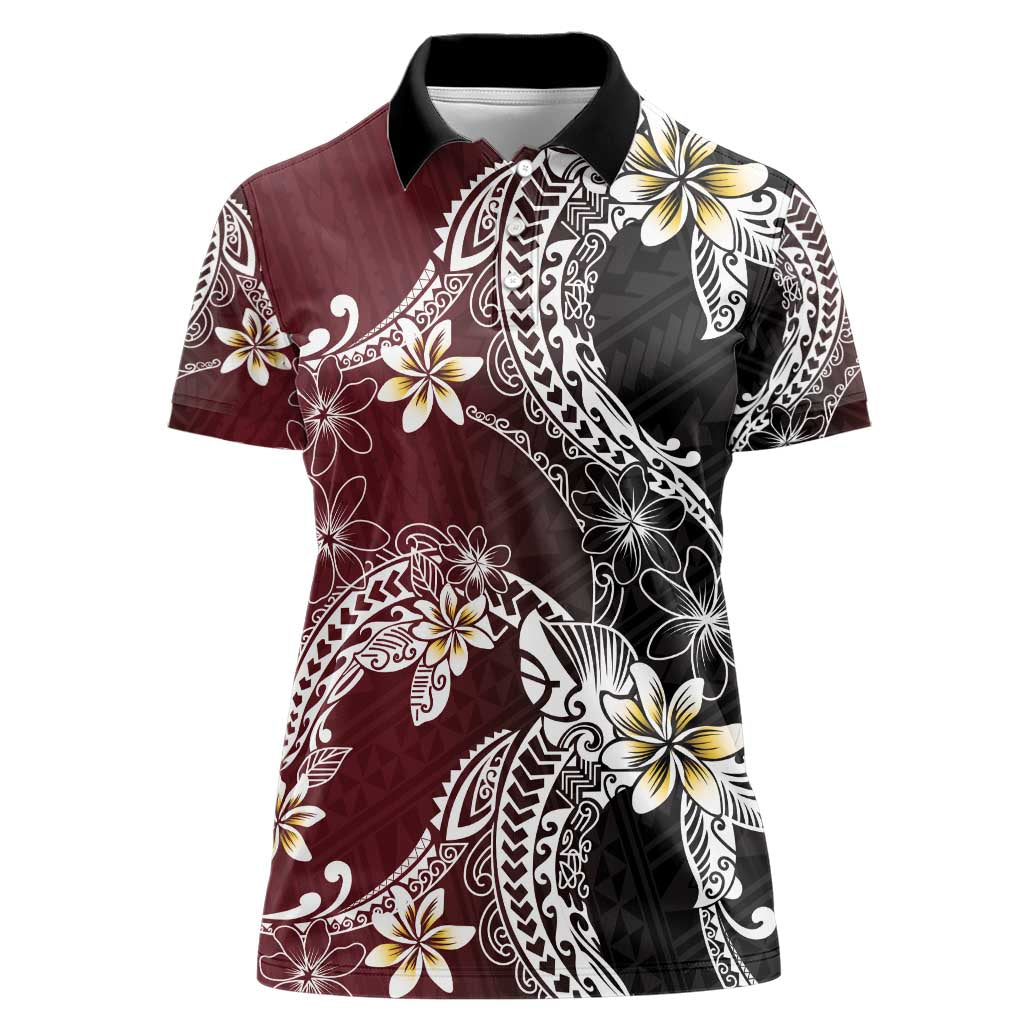 Polynesian Hawaiian Plumeria Tribal Pattern Women Polo Shirt Special Wine Red Version