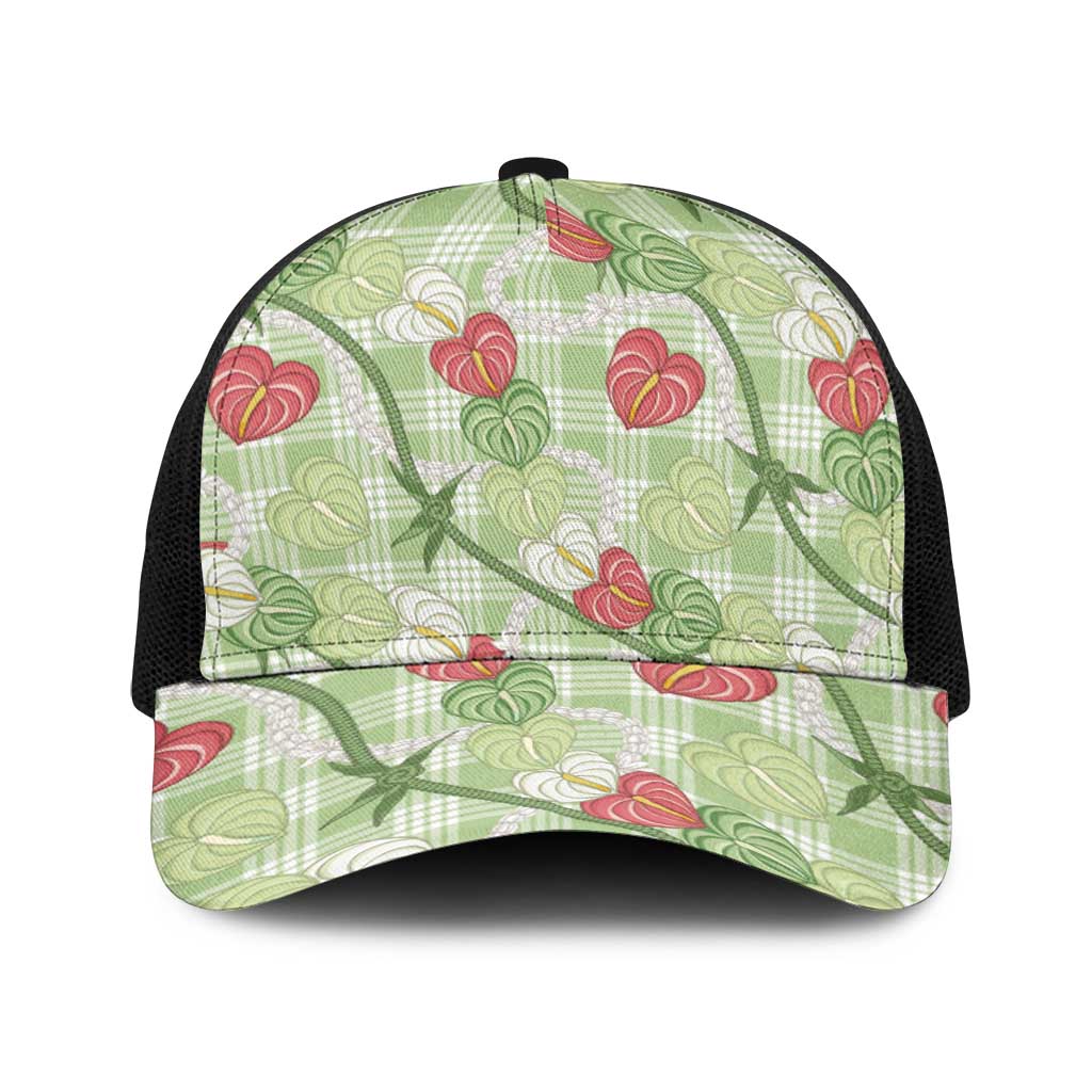 Anthurium Pikake Ti Leaf Palaka Baseball Net Cap Green Version LT01 One Size Black Green - Polynesian Pride