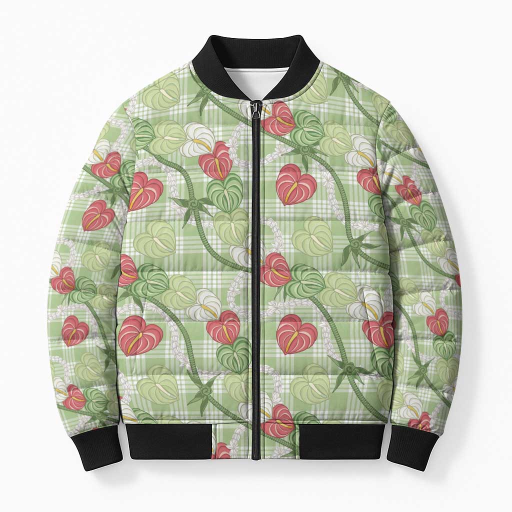 Anthurium Pikake Ti Leaf Palaka Bomber Puffer Jacket Green Version LT01 Unisex Green - Polynesian Pride