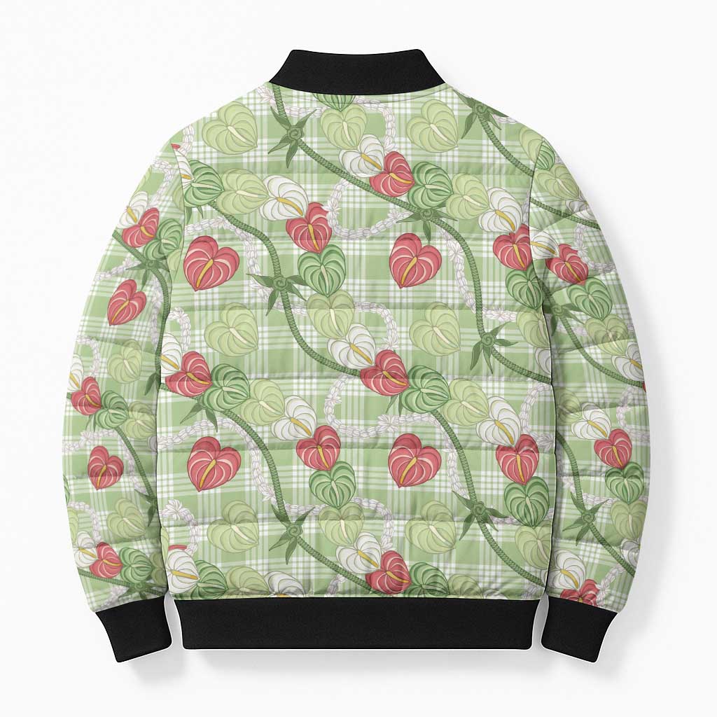 Anthurium Pikake Ti Leaf Palaka Bomber Puffer Jacket Green Version LT01 - Polynesian Pride