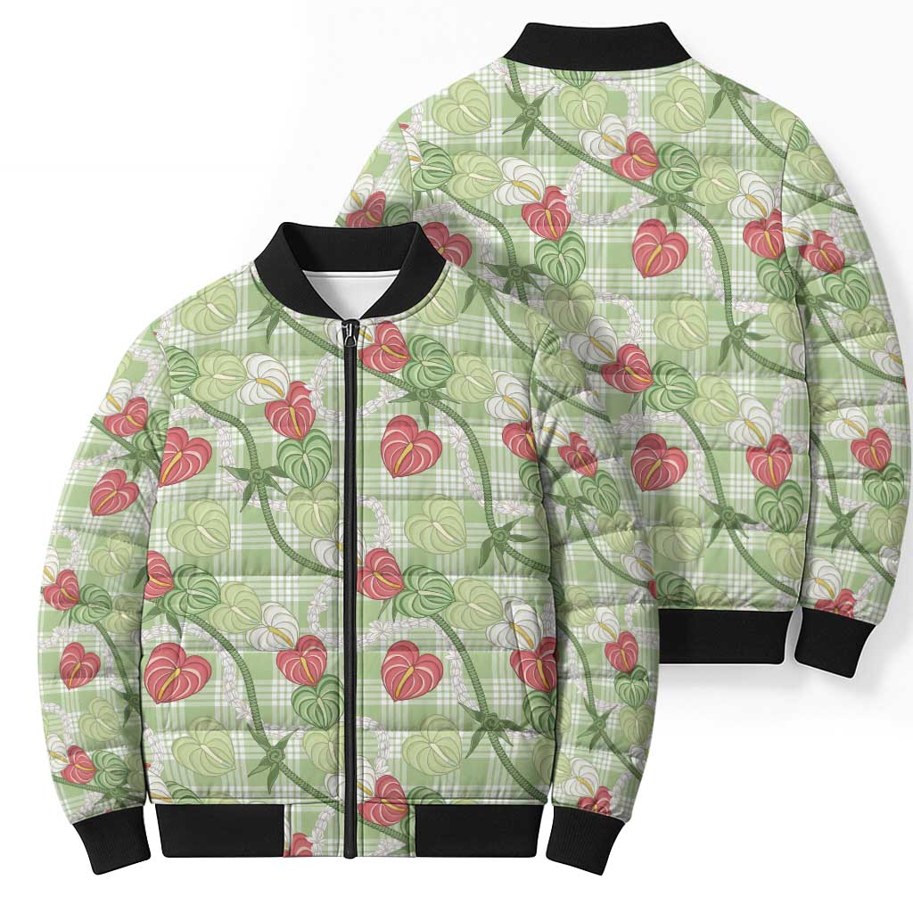 Anthurium Pikake Ti Leaf Palaka Bomber Puffer Jacket Green Version LT01 - Polynesian Pride