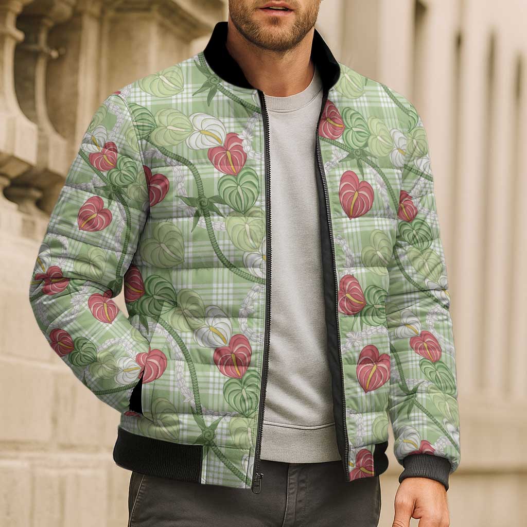 Anthurium Pikake Ti Leaf Palaka Bomber Puffer Jacket Green Version LT01 - Polynesian Pride