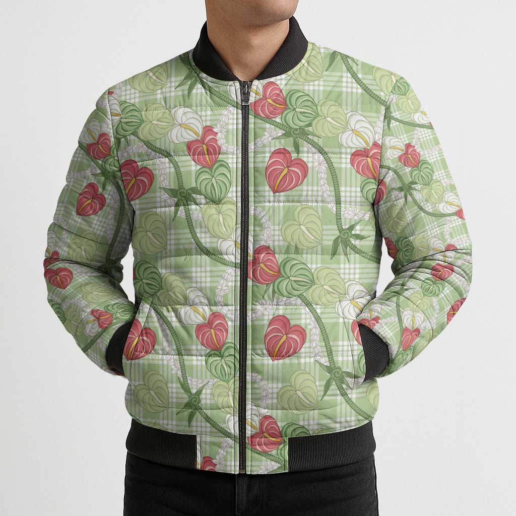 Anthurium Pikake Ti Leaf Palaka Bomber Puffer Jacket Green Version LT01 - Polynesian Pride