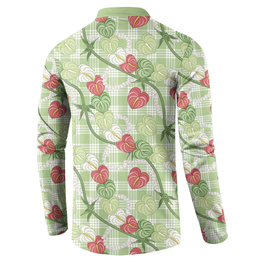 Anthurium Pikake Ti Leaf Palaka Button Sweatshirt Green Version LT01 - Polynesian Pride