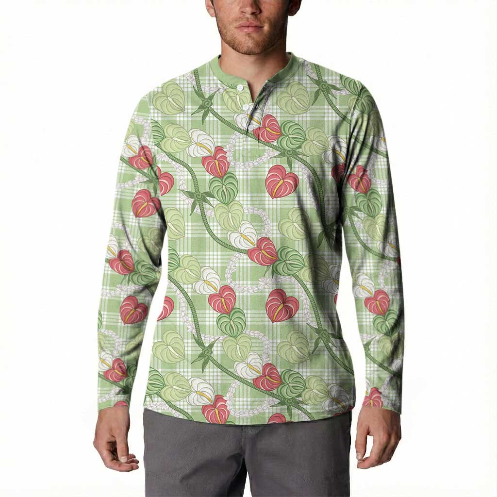 Anthurium Pikake Ti Leaf Palaka Button Sweatshirt Green Version LT01 - Polynesian Pride