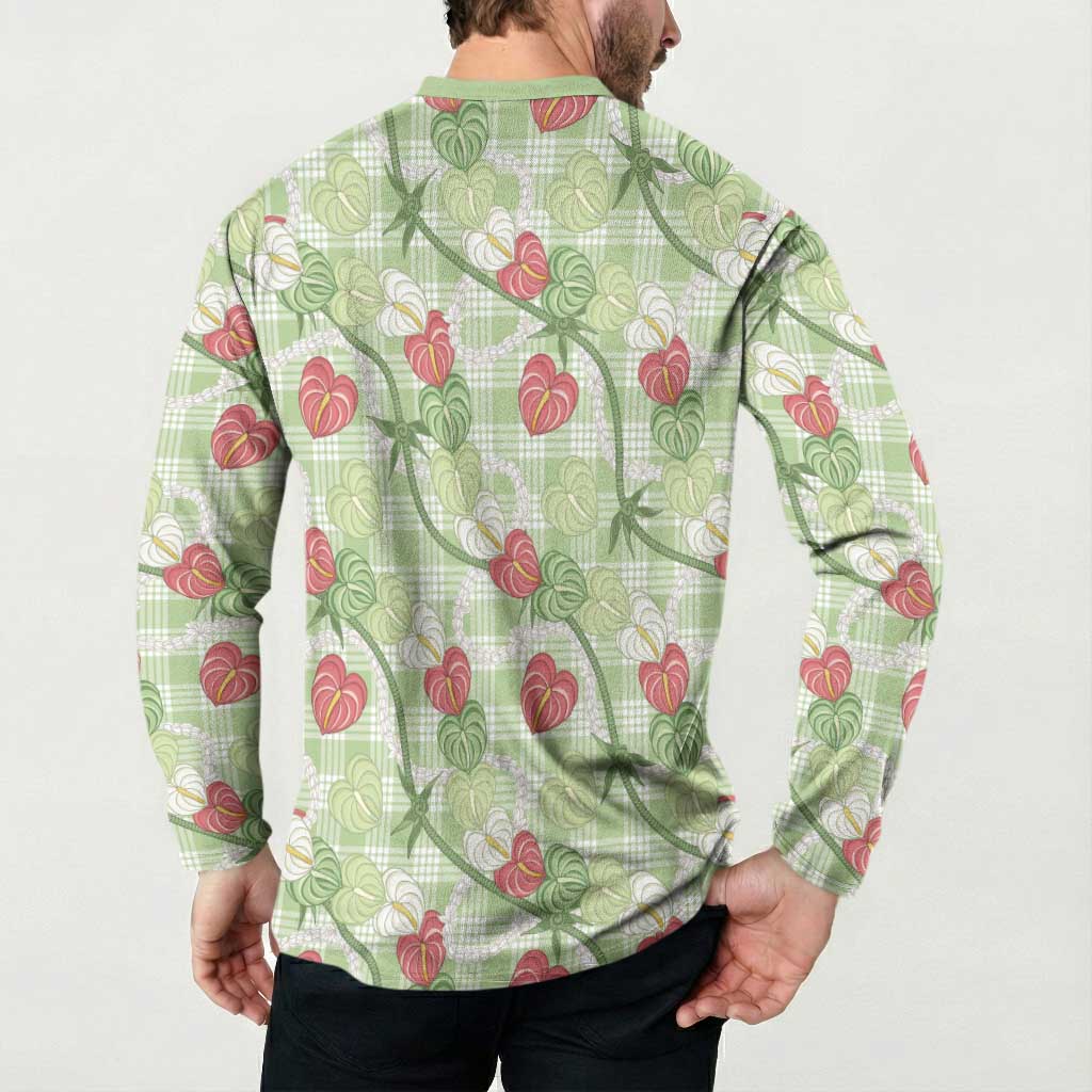 Anthurium Pikake Ti Leaf Palaka Button Sweatshirt Green Version LT01 - Polynesian Pride