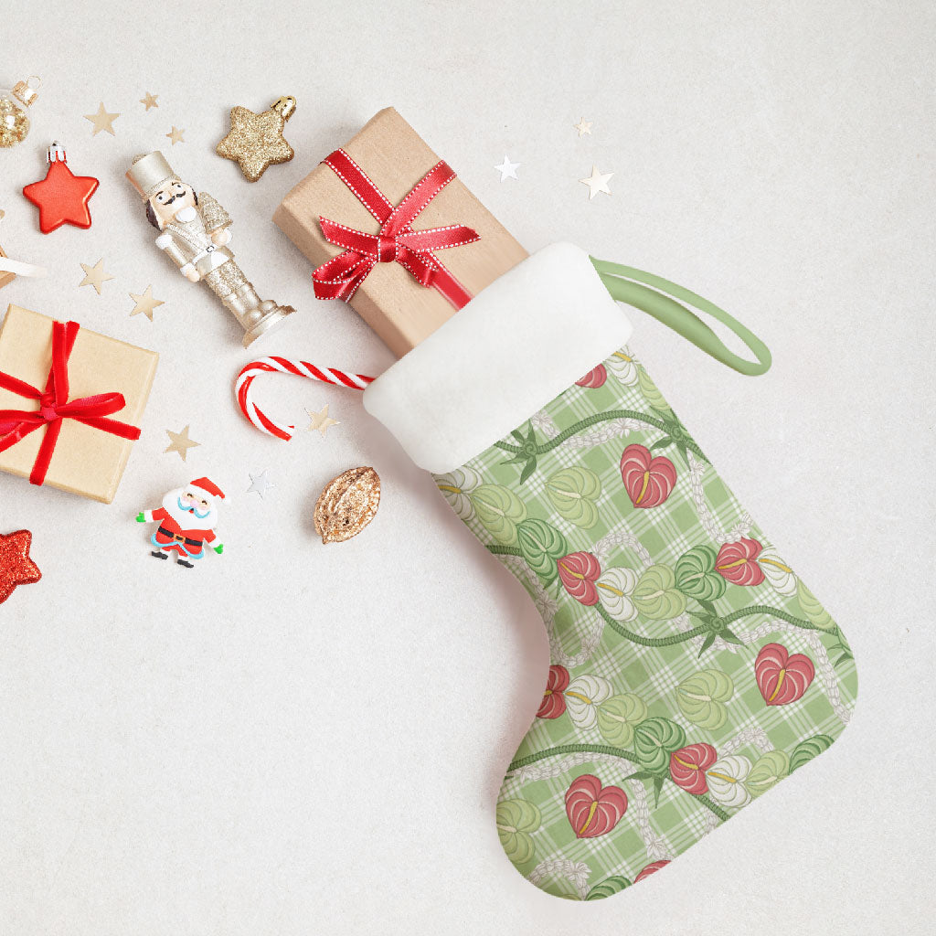 Anthurium Pikake Ti Leaf Palaka Christmas Stocking Green Version LT01 - Polynesian Pride