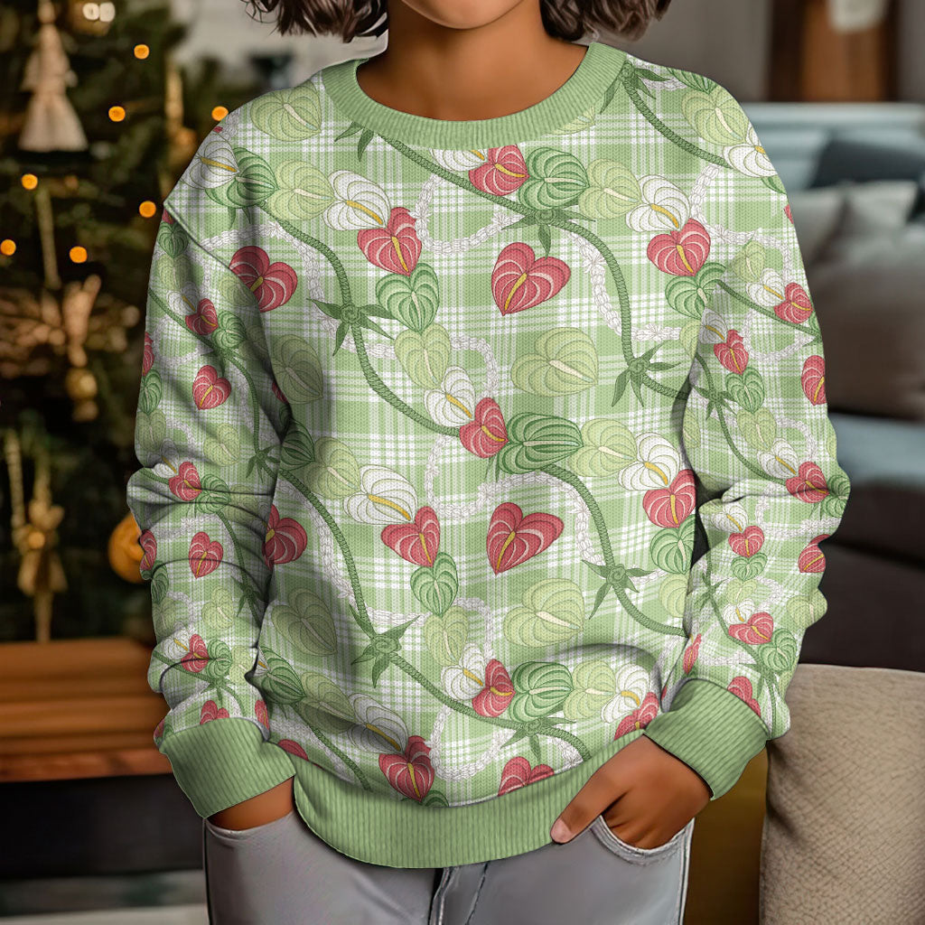 Anthurium Pikake Ti Leaf Palaka Kid Ugly Christmas Sweater Green Version LT01 - Polynesian Pride