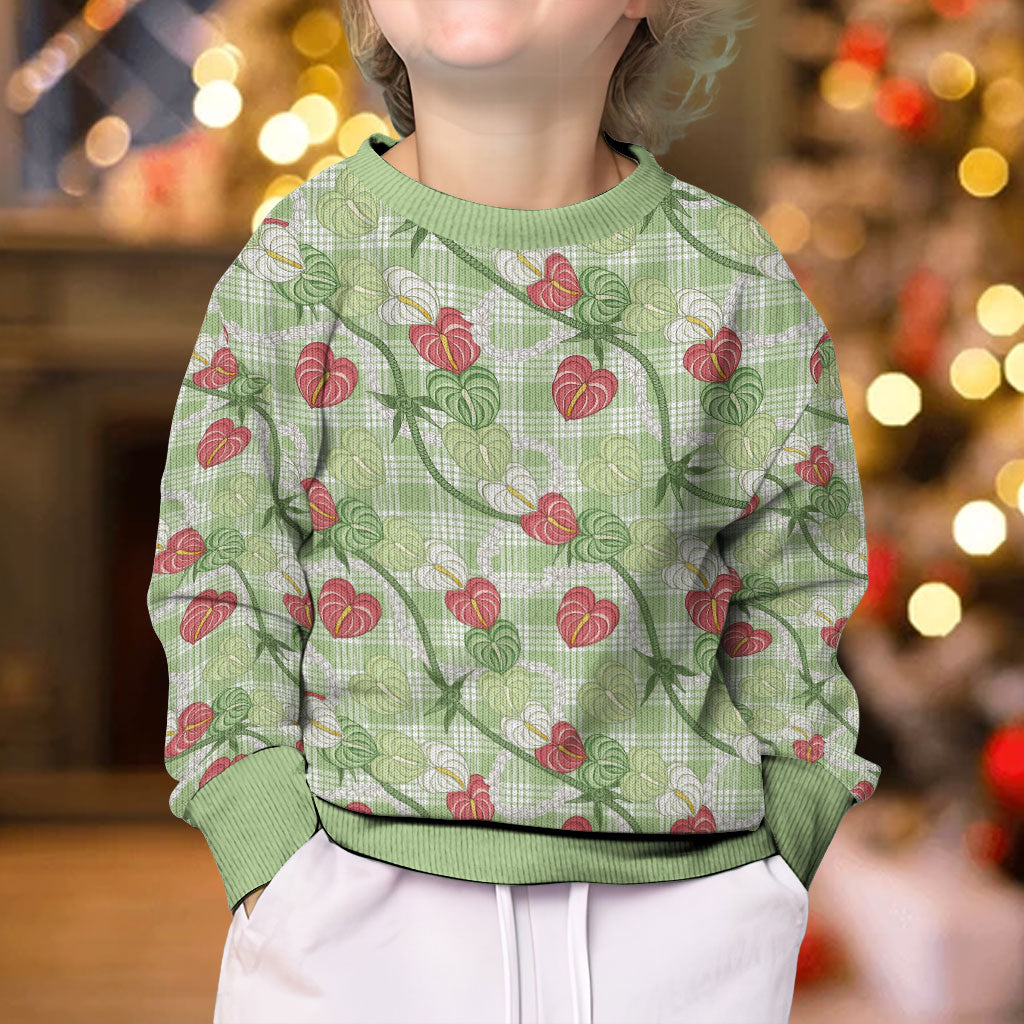 Anthurium Pikake Ti Leaf Palaka Kid Ugly Christmas Sweater Green Version LT01 - Polynesian Pride