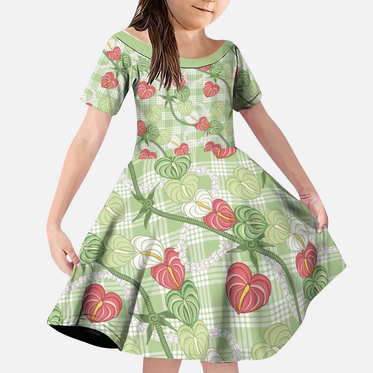 Anthurium Pikake Ti Leaf Palaka Kid Short Sleeve Dress Green Version LT01 KID Green - Polynesian Pride