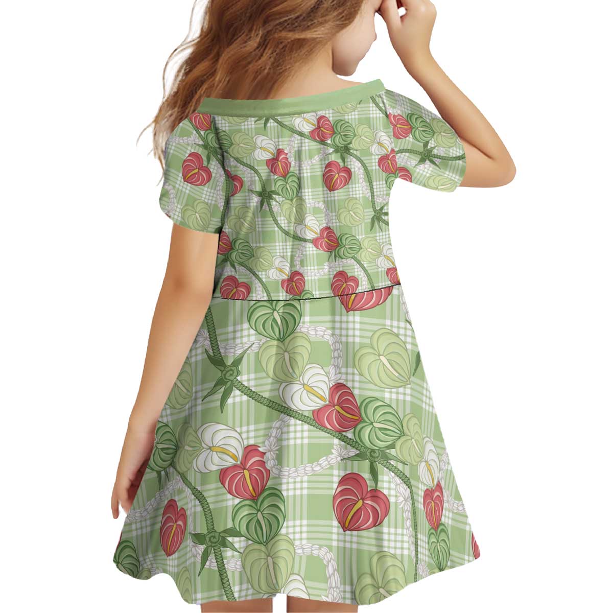 Anthurium Pikake Ti Leaf Palaka Kid Short Sleeve Dress Green Version LT01 - Polynesian Pride