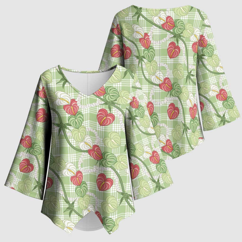 Anthurium Pikake Ti Leaf Palaka Kimono Sleeve Blouse Green Version LT01 - Polynesian Pride
