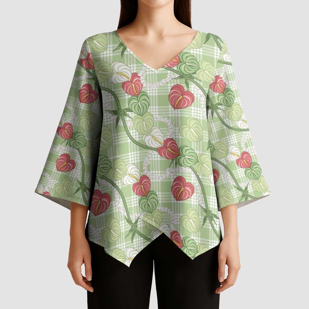 Anthurium Pikake Ti Leaf Palaka Kimono Sleeve Blouse Green Version LT01 - Polynesian Pride