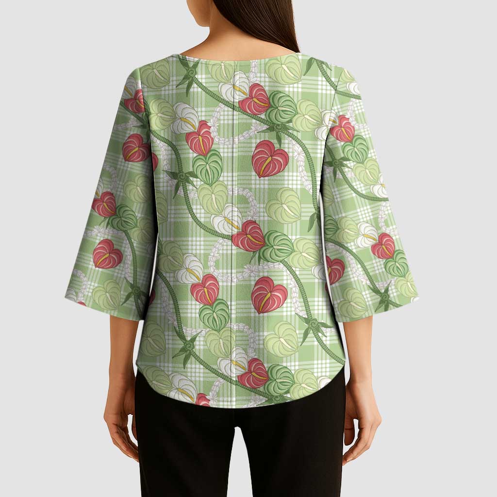 Anthurium Pikake Ti Leaf Palaka Kimono Sleeve Blouse Green Version LT01 - Polynesian Pride
