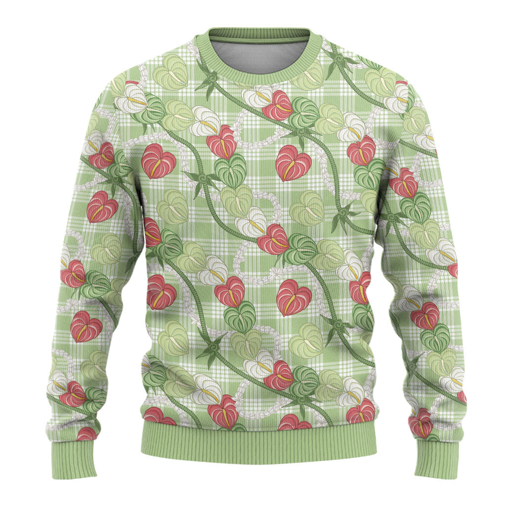 Anthurium Pikake Ti Leaf Palaka Ugly Christmas Sweater Green Version LT01 - Polynesian Pride