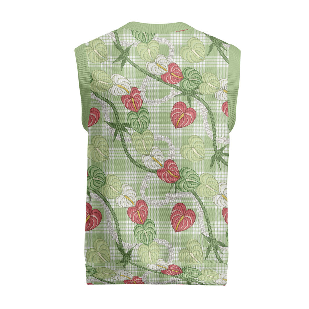 Anthurium Pikake Ti Leaf Palaka Christmas Knitted V-Neck Vest Green Version LT01 - Polynesian Pride