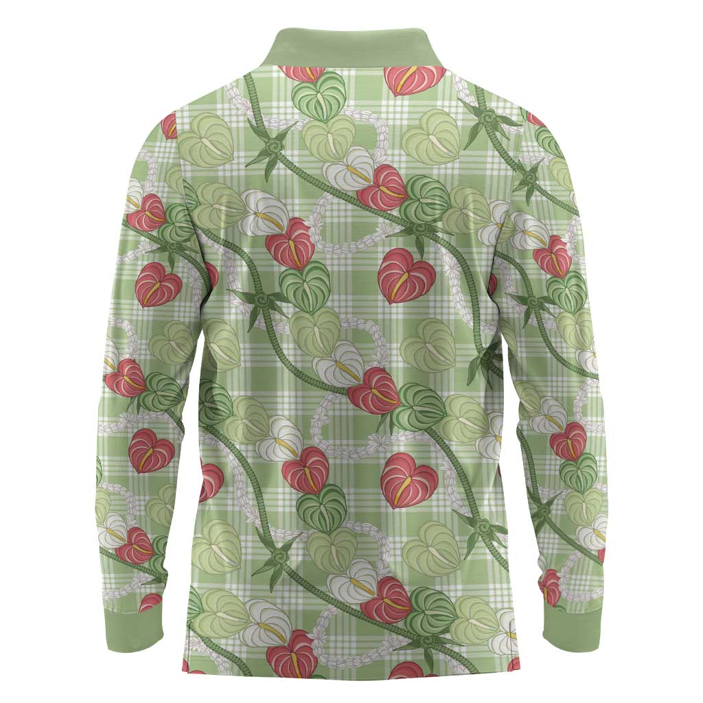 Anthurium Pikake Ti Leaf Palaka Long Sleeve Polo Shirt Green Version LT01 - Polynesian Pride