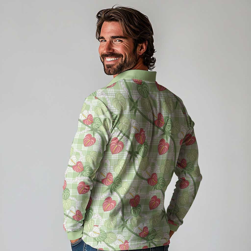 Anthurium Pikake Ti Leaf Palaka Long Sleeve Polo Shirt Green Version LT01 - Polynesian Pride