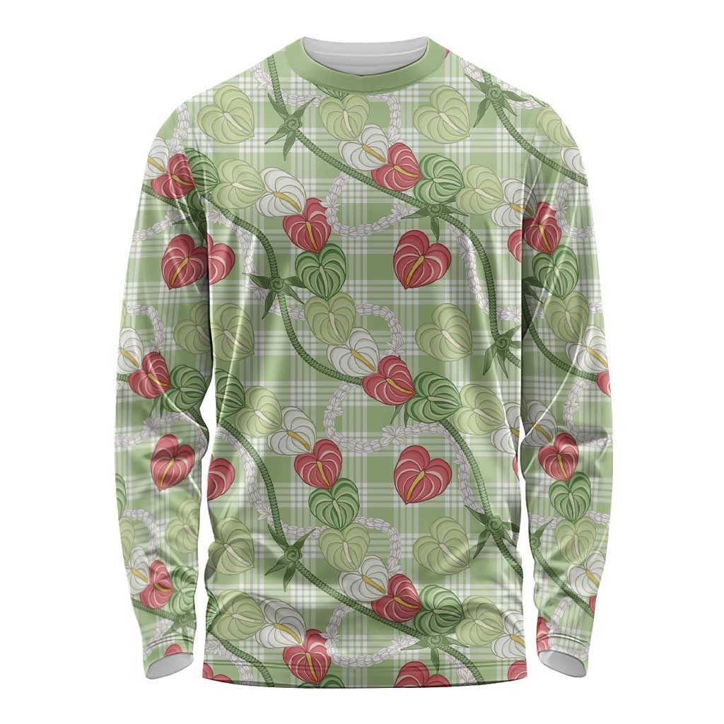 Anthurium Pikake Ti Leaf Palaka Long Sleeve Shirt Green Version LT01 Unisex Green - Polynesian Pride