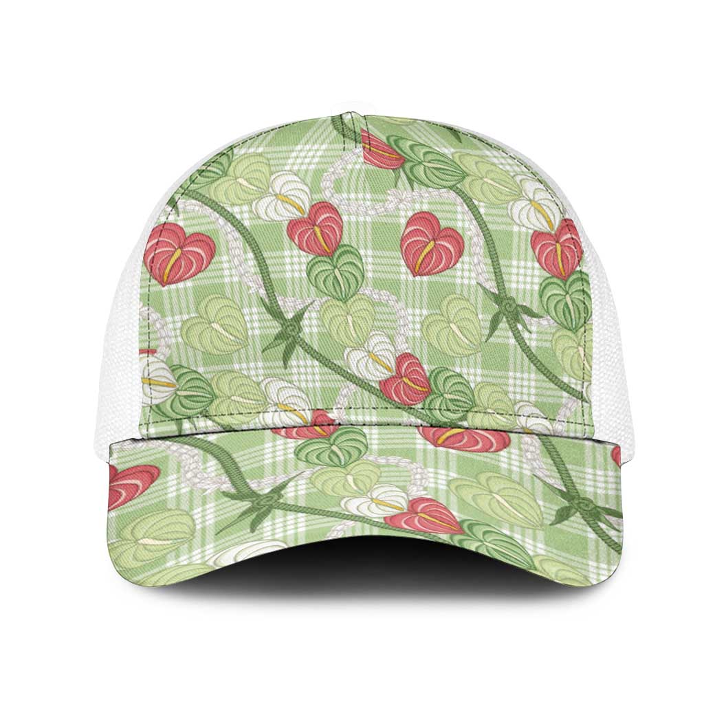 Anthurium Pikake Ti Leaf Palaka Mesh Trucker Cap Green Version LT01 One Size White Green - Polynesian Pride