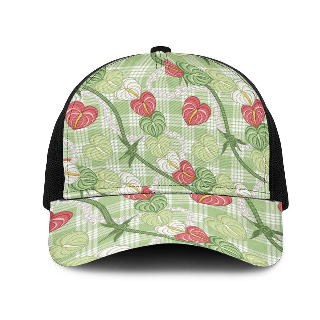 Anthurium Pikake Ti Leaf Palaka Mesh Trucker Cap Green Version LT01 One Size Black Green - Polynesian Pride