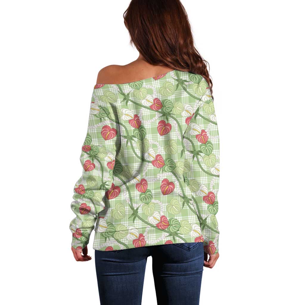 Anthurium Pikake Ti Leaf Palaka Off Shoulder Sweater Green Version LT01 - Polynesian Pride