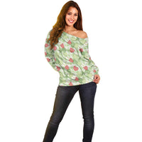 Anthurium Pikake Ti Leaf Palaka Off Shoulder Sweater Green Version LT01 - Polynesian Pride