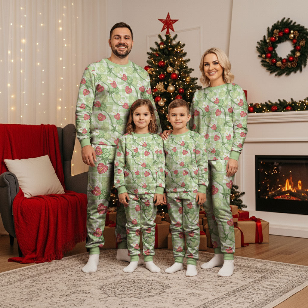 Anthurium Pikake Ti Leaf Palaka Christmas Pajama Set Green Version LT01 - Polynesian Pride