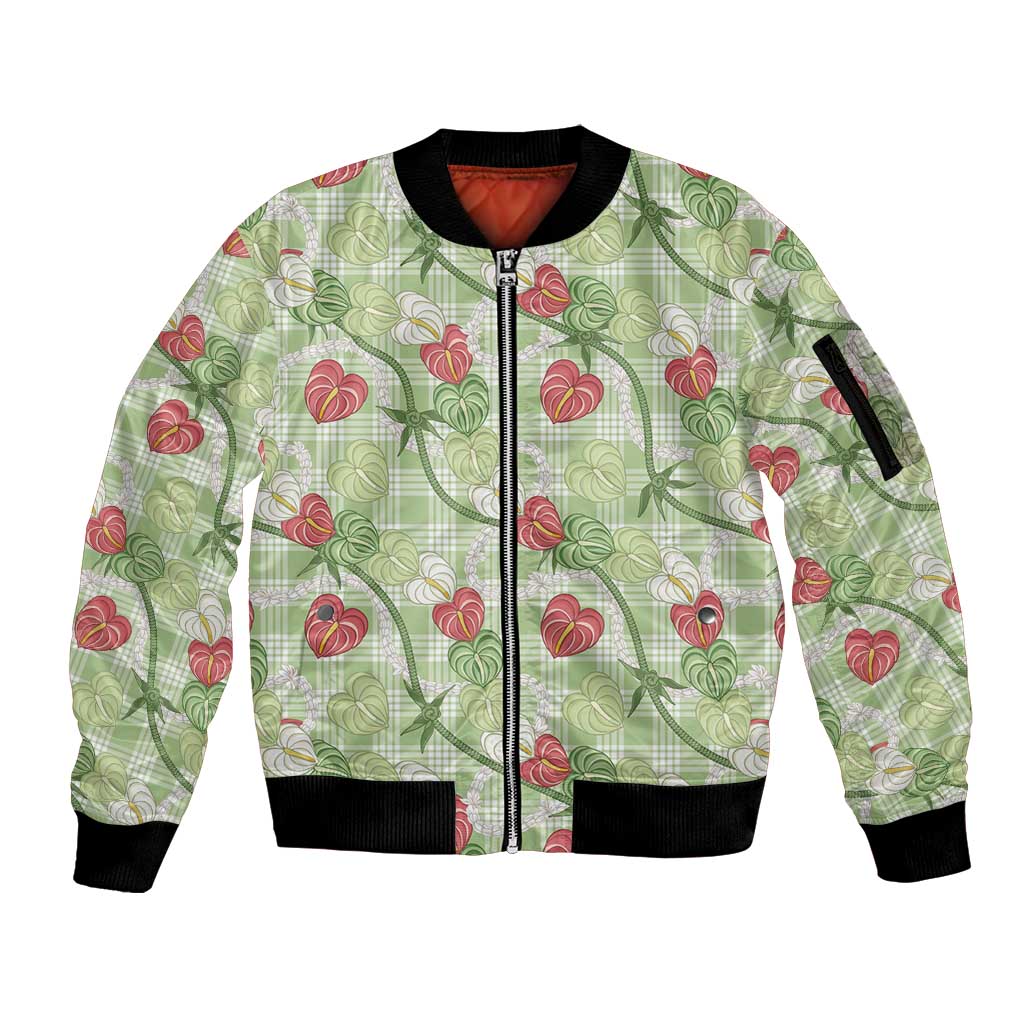 Anthurium Pikake Ti Leaf Palaka Sleeve Zip Bomber Jacket Green Version LT01 Unisex Green - Polynesian Pride