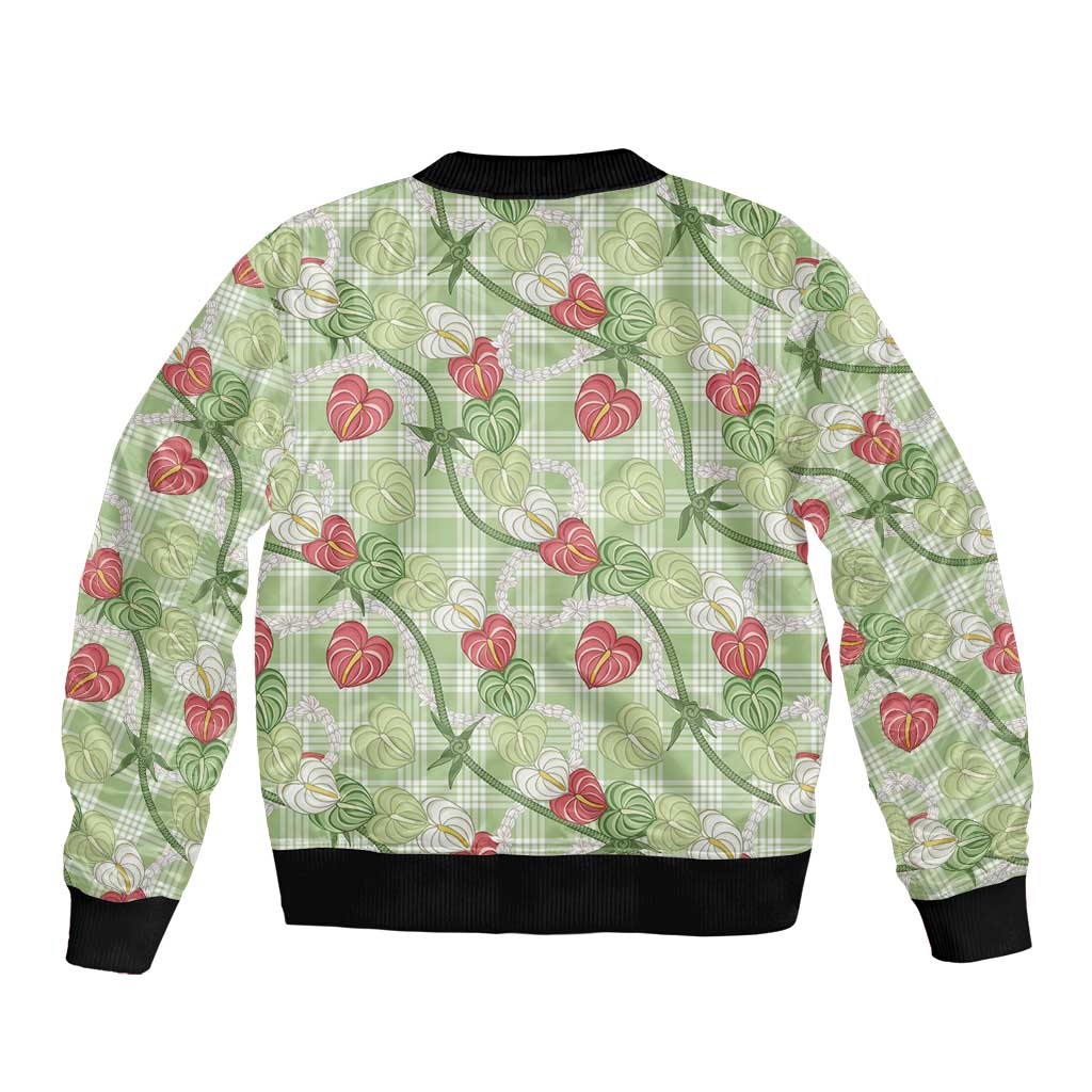 Anthurium Pikake Ti Leaf Palaka Sleeve Zip Bomber Jacket Green Version LT01 - Polynesian Pride