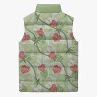 Anthurium Pikake Ti Leaf Palaka Sleeveless Puffer Jacket Green Version LT01 - Polynesian Pride