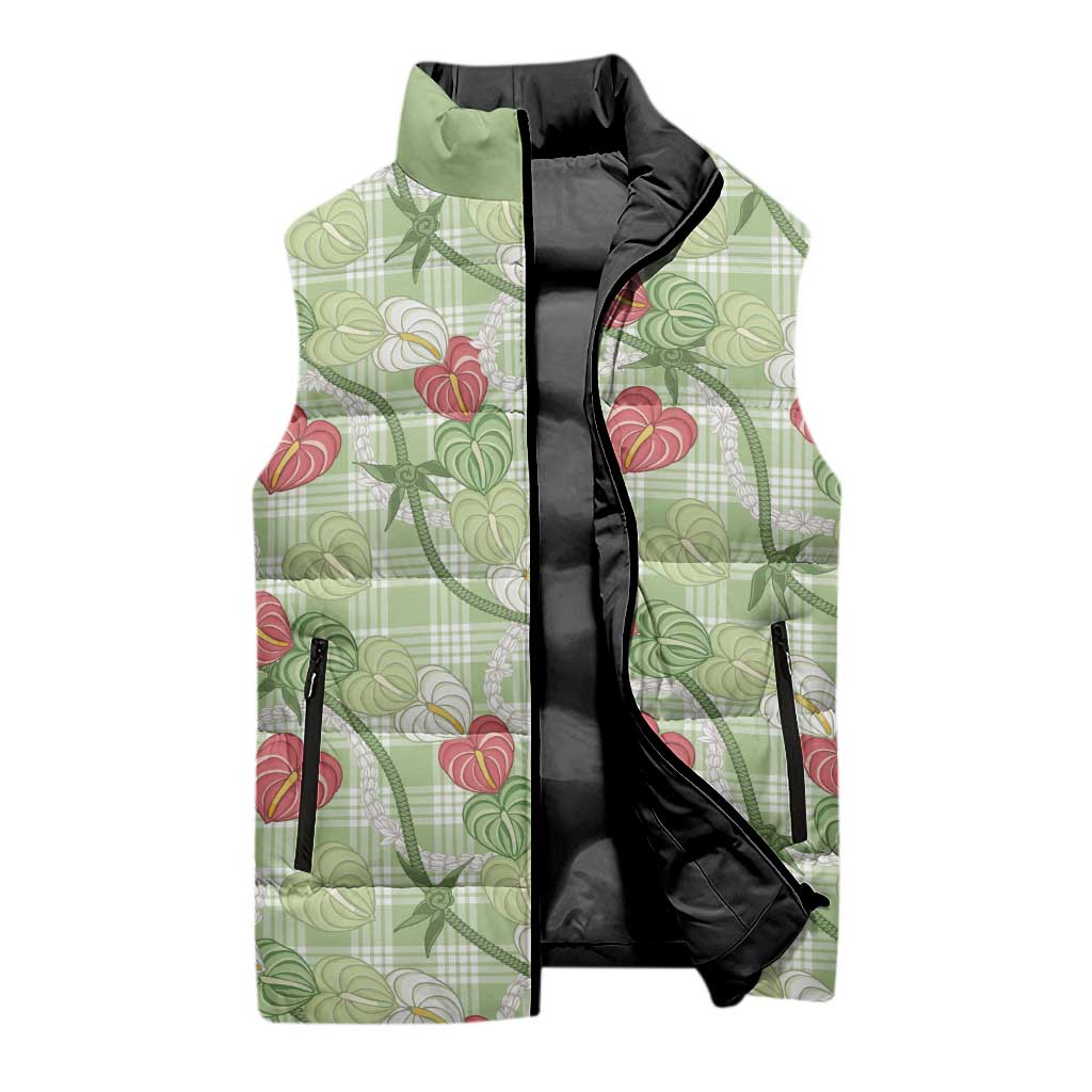 Anthurium Pikake Ti Leaf Palaka Sleeveless Puffer Jacket Green Version LT01 - Polynesian Pride