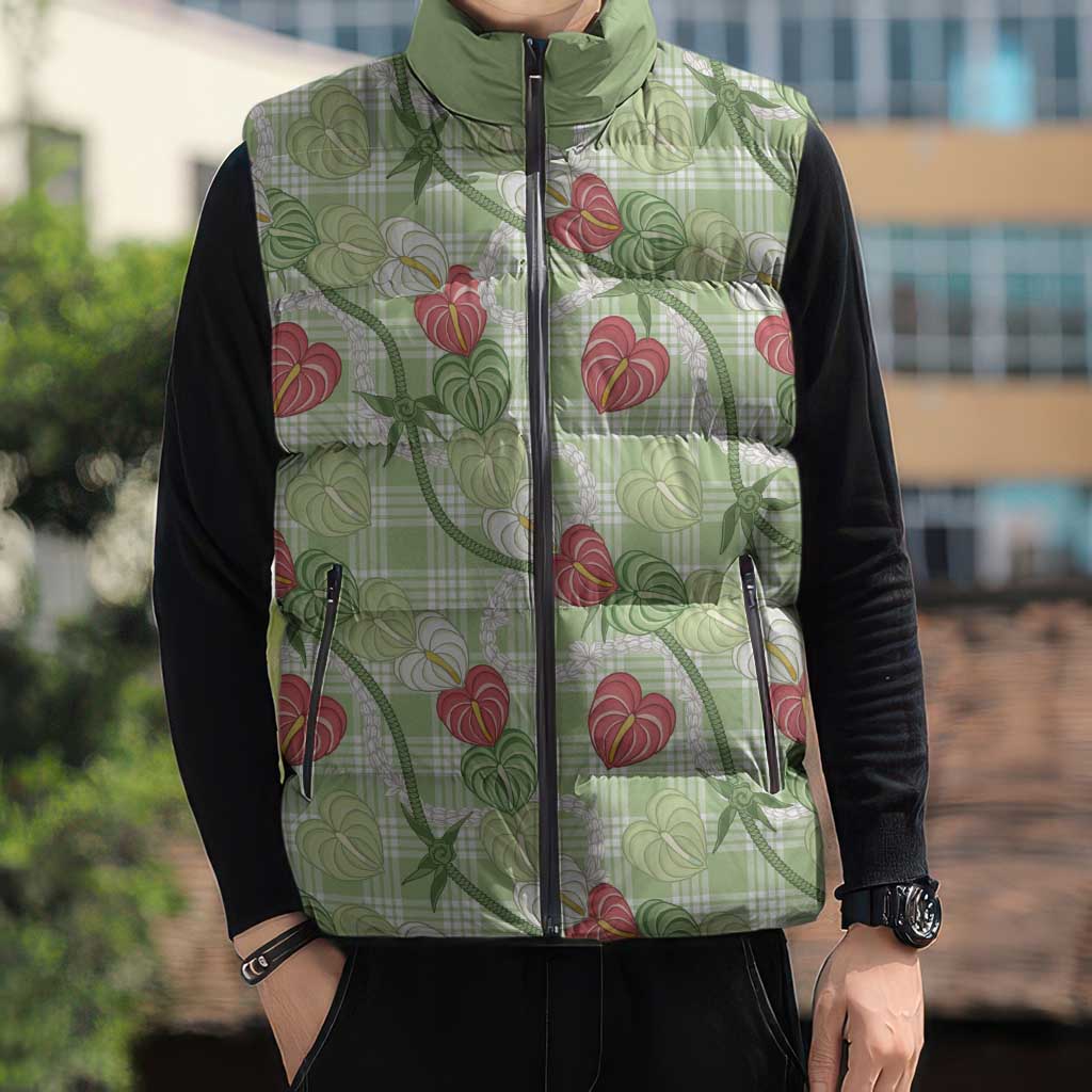 Anthurium Pikake Ti Leaf Palaka Sleeveless Puffer Jacket Green Version LT01 - Polynesian Pride