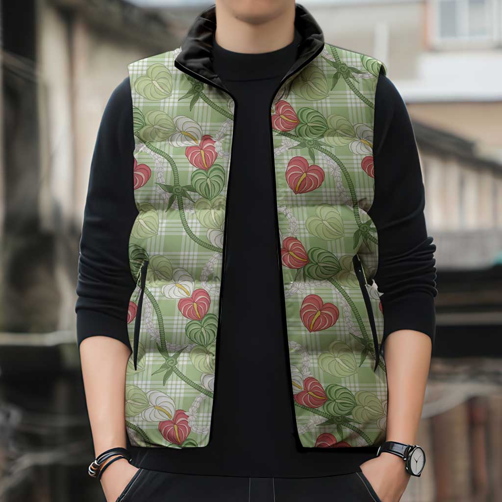Anthurium Pikake Ti Leaf Palaka Sleeveless Puffer Jacket Green Version LT01 - Polynesian Pride