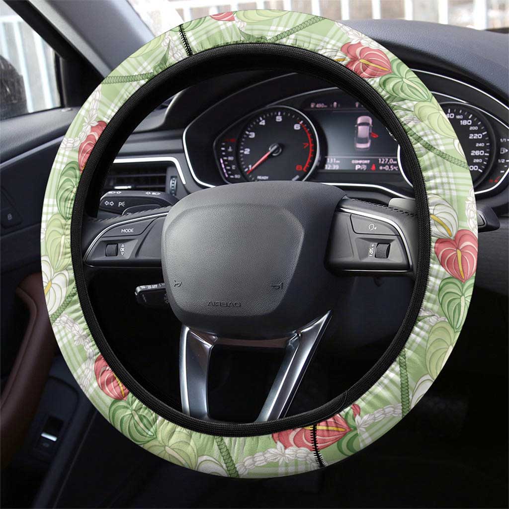 Anthurium Pikake Ti Leaf Palaka Steering Wheel Cover Green Version LT01 - Polynesian Pride