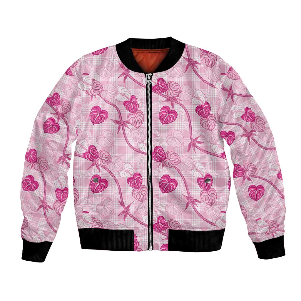 Anthurium Pikake Ti Leaf Palaka Bomber Jacket Pink Version LT01 Unisex Pink - Polynesian Pride