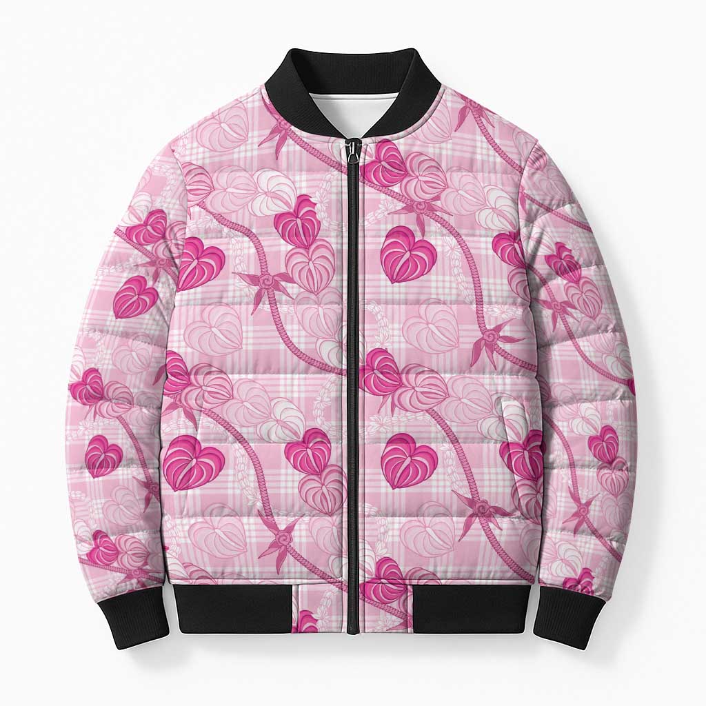 Anthurium Pikake Ti Leaf Palaka Bomber Puffer Jacket Pink Version LT01 Unisex Pink - Polynesian Pride