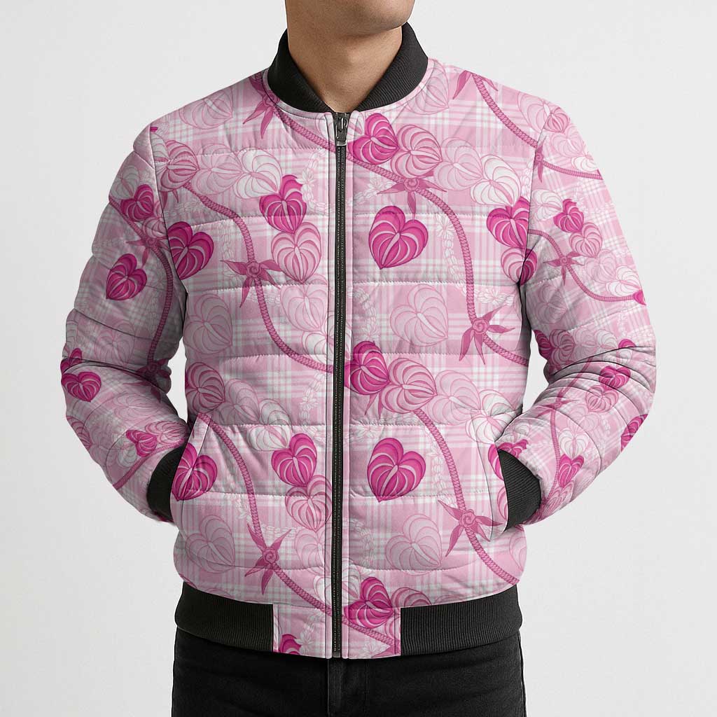 Anthurium Pikake Ti Leaf Palaka Bomber Puffer Jacket Pink Version LT01 - Polynesian Pride