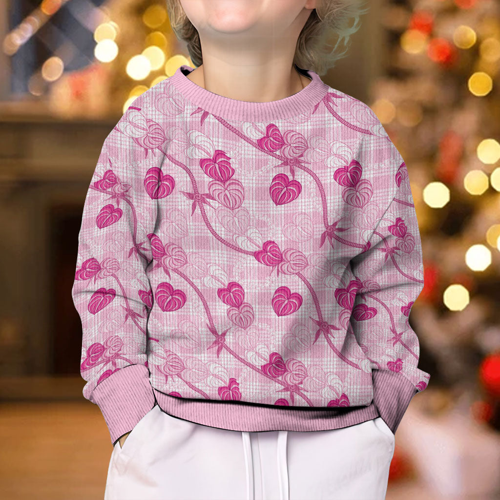 Anthurium Pikake Ti Leaf Palaka Kid Ugly Christmas Sweater Pink Version LT01 - Polynesian Pride